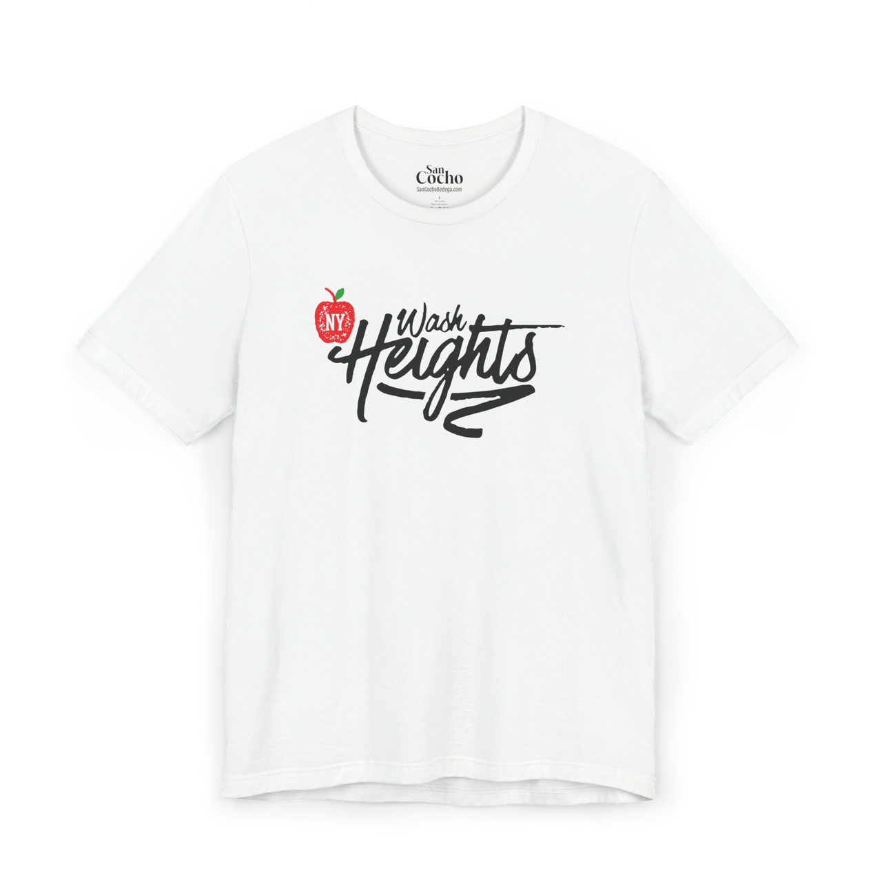 White Bella Canvas 3001 graphic tshirt with a apple with the letters "NY" inside it, and hand written graffiti font with the words "Wash Heights" on the front