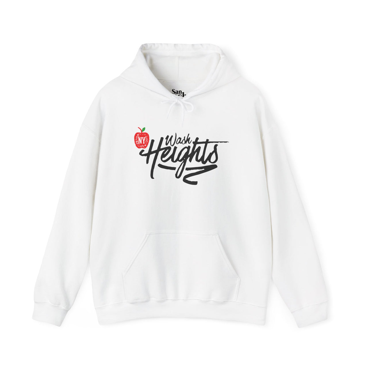 White Gildan 18500 graphic hoodie with a apple with the letters "NY" inside it, and hand written graffiti font with the words "Wash Heights" on the front